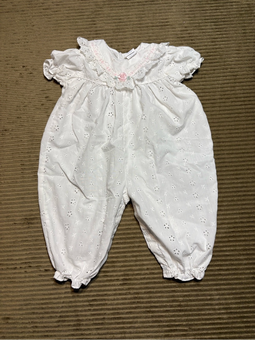 White Eyelet Baby One-Piece Bodysuit with Pink Trim